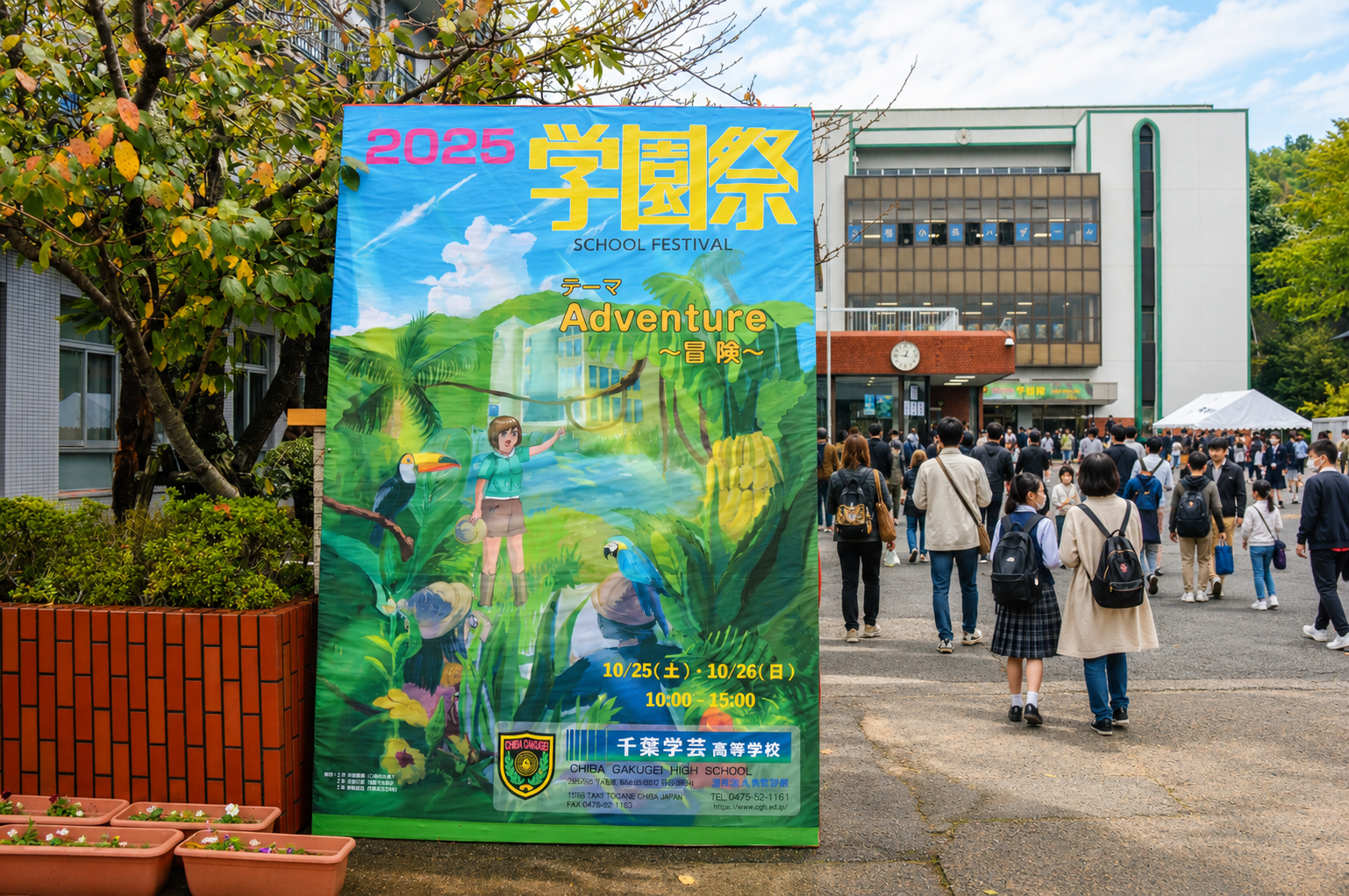 2025年度学園祭で、正門前に掲示された学園祭看板と来場者の様子