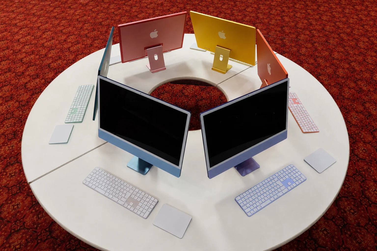 学生ホールに設置されたカラフルなApple iMac